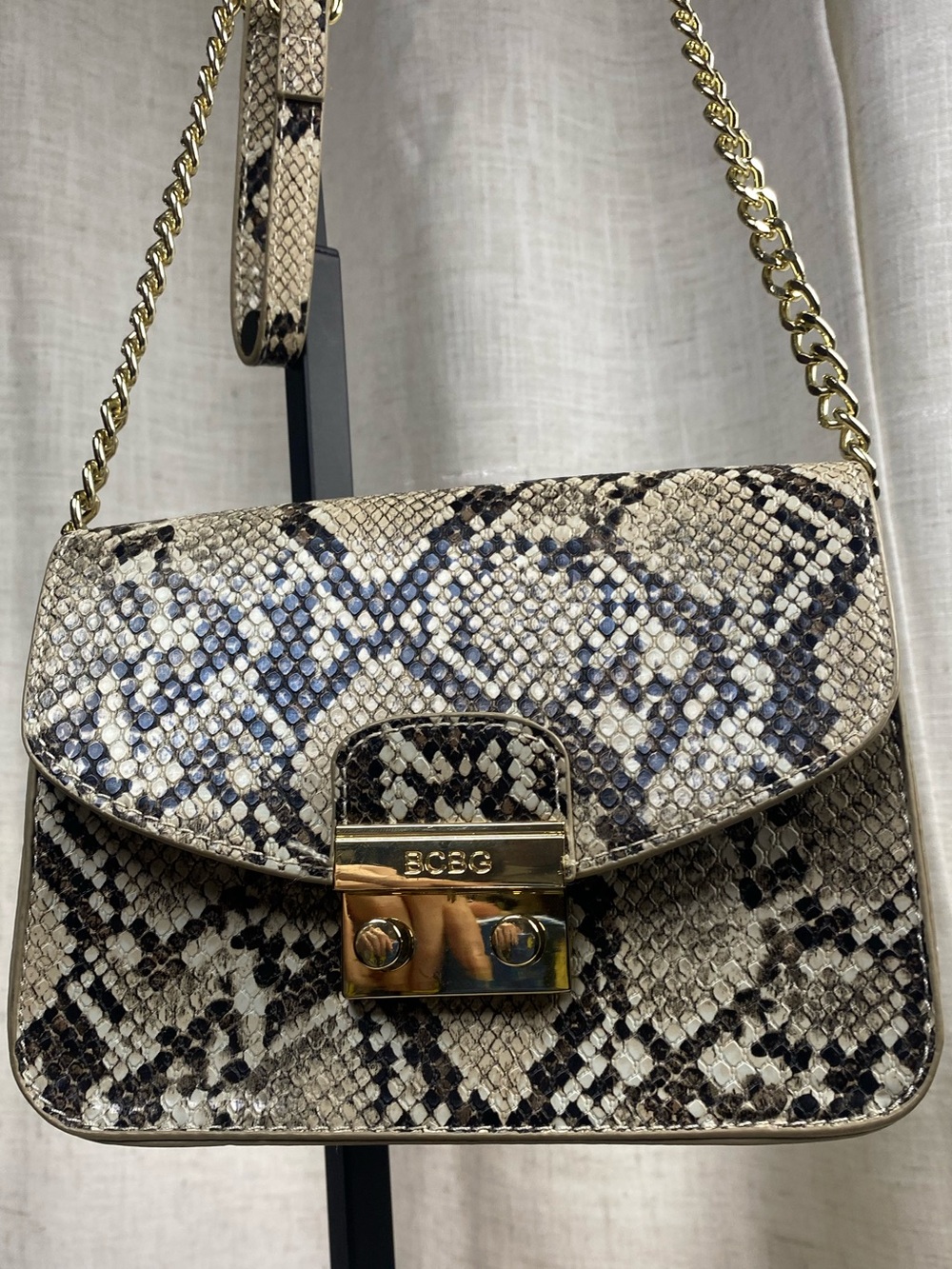 BCBG Authentic Faux Snakeskin Python Print Flap Crossbody Bag Gold Chain Strap